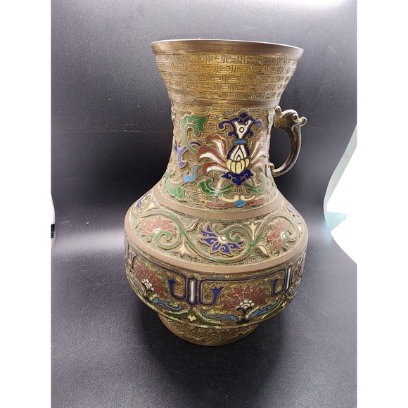 Vintage Heavy Brass Japanese Inlaid Cloisonné Missing 1 Handle Vase Made Japan - Picture 8 of 14